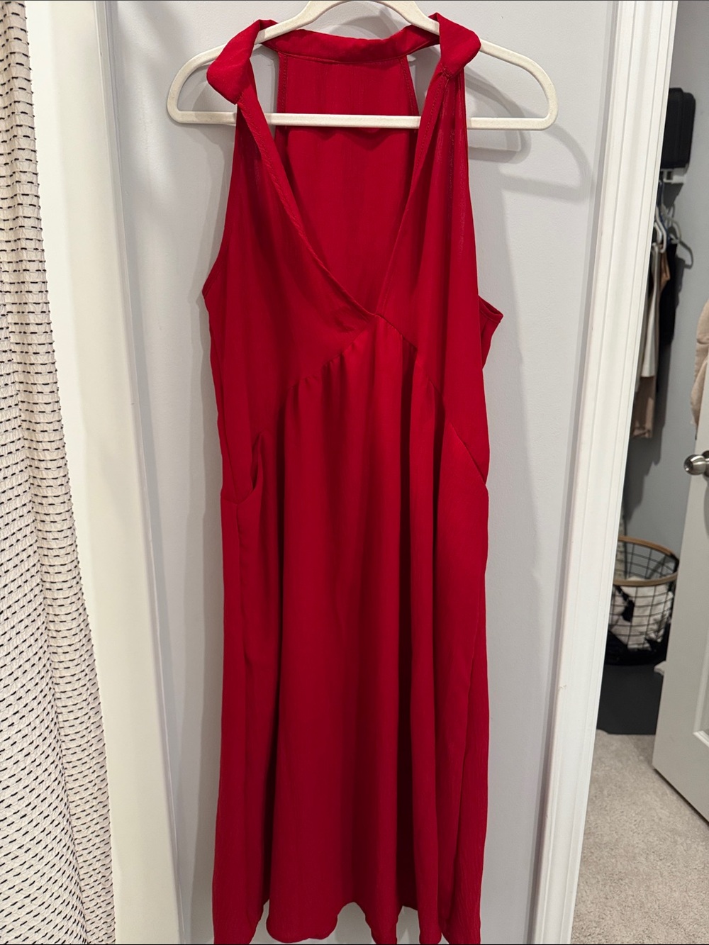 Sleeveless Red Midi Dress with V-Neck and Tie Straps
